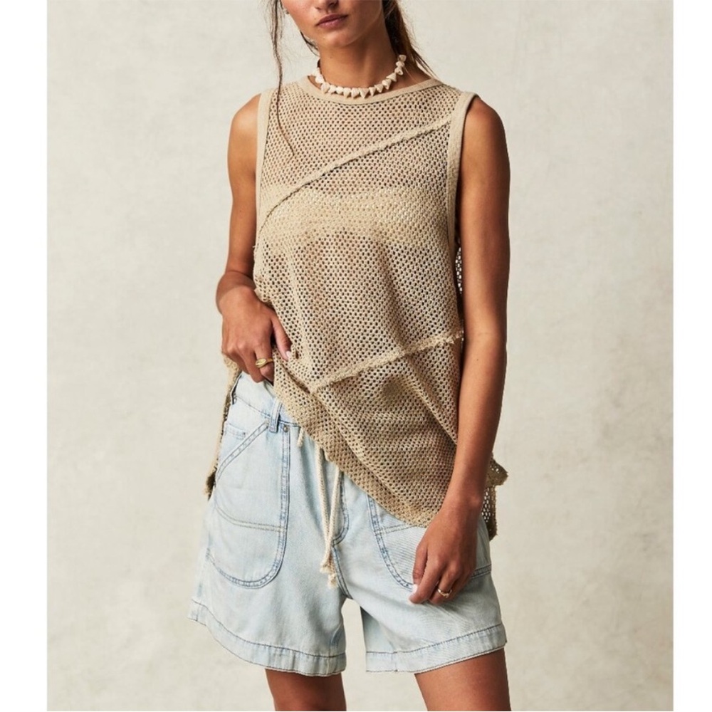 Free people shore side open stitch muscle tank top dunes crochet shirt boho NWT
